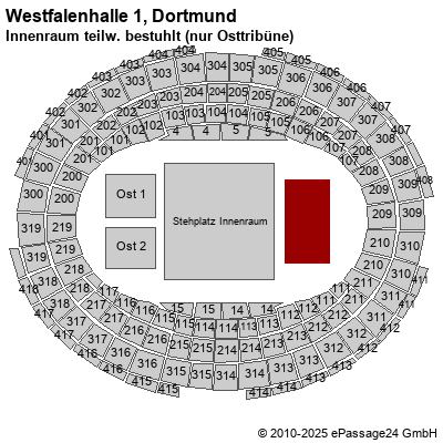 Saalplan Westfalenhalle 1, Dortmund, Deutschland, Innenraum teilw. bestuhlt (nur Osttribüne)