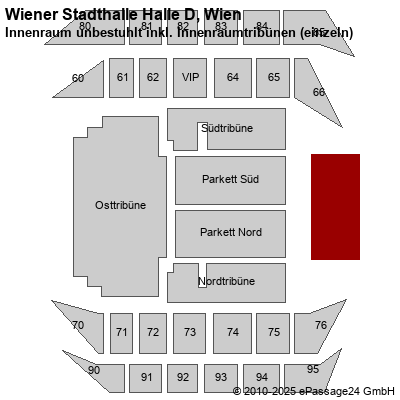 Saalplan Wiener Stadthalle Halle D, Wien, Österreich, Innenraum unbestuhlt inkl. Innenraumtribünen (einzeln)