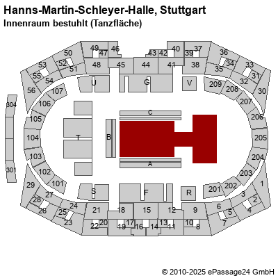 Saalplan Hanns-Martin-Schleyer-Halle, Stuttgart, Deutschland, Innenraum bestuhlt (Tanzfläche)