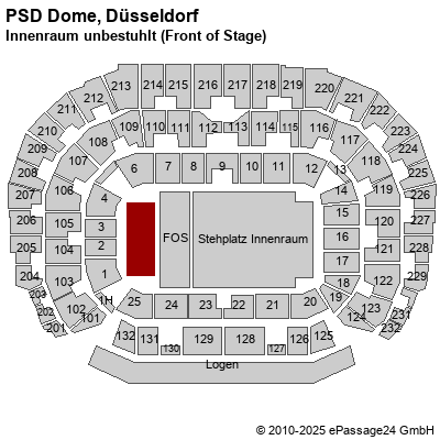 Saalplan ISS Dome, Düsseldorf, Deutschland, Innenraum unbestuhlt (Front of Stage)