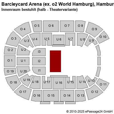 Saalplan Barcleycard Arena (ex. o2 World Hamburg), Hamburg, Deutschland, Innenraum bestuhlt (halb - Theatervariante)