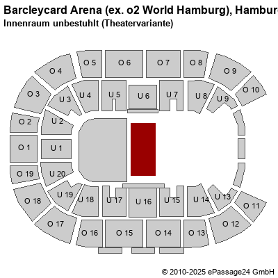 Saalplan Barcleycard Arena (ex. o2 World Hamburg), Hamburg, Deutschland, Innenraum unbestuhlt (Theatervariante)