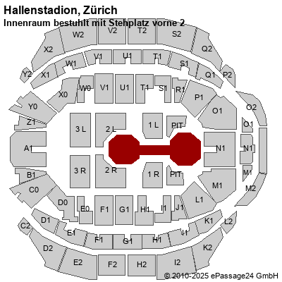 Saalplan Hallenstadion, Zürich, Schweiz, Innenraum bestuhlt mit Stehplatz vorne 2