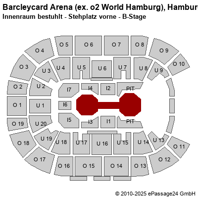 Saalplan Barcleycard Arena (ex. o2 World Hamburg), Hamburg, Deutschland, Innenraum bestuhlt - Stehplatz vorne - B-Stage