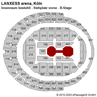 Saalplan LANXESS arena, Köln, Deutschland, Innenraum bestuhlt - Stehplatz vorne - B-Stage