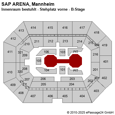 Saalplan SAP ARENA, Mannheim, Deutschland, Innenraum bestuhlt - Stehplatz vorne - B-Stage