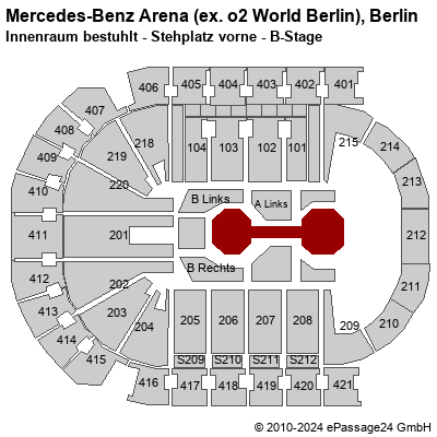 Saalplan Mercedes-Benz Arena (ex. o2 World Berlin), Berlin, Deutschland, Innenraum bestuhlt - Stehplatz vorne - B-Stage