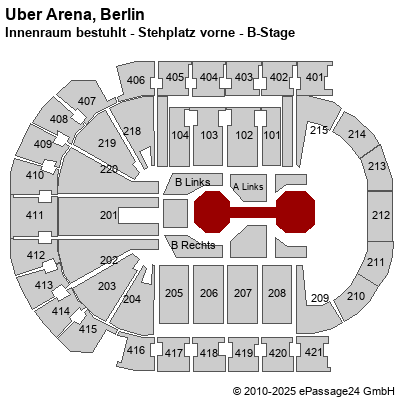 Saalplan Mercedes-Benz Arena (ex. o2 World Berlin), Berlin, Deutschland, Innenraum bestuhlt - Stehplatz vorne - B-Stage