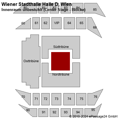Saalplan Wiener Stadthalle Halle D, Wien, Österreich, Innenraum unbestuhlt (Center Stage - Blöcke)