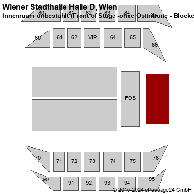 Saalplan Wiener Stadthalle Halle D, Wien, Österreich, Innenraum unbestuhlt (Front of Stage -ohne Osttribüne - Blöcke)