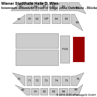 Saalplan Wiener Stadthalle Halle D, Wien, Österreich, Innenraum unbestuhlt (Front of Stage -ohne Osttribüne - Blöcke)