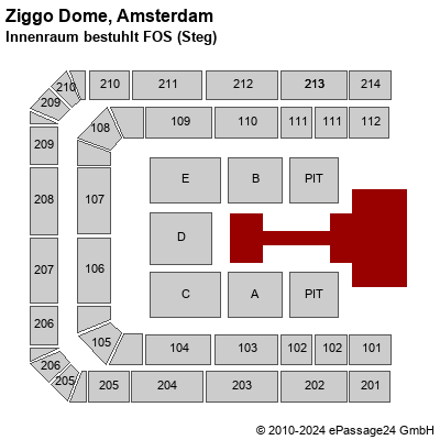 Saalplan Ziggo Dome, Amsterdam, Niederlande, Innenraum bestuhlt FOS (Steg)