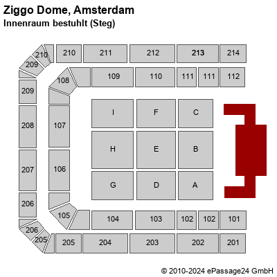 Saalplan Ziggo Dome, Amsterdam, Niederlande, Innenraum bestuhlt (Steg)