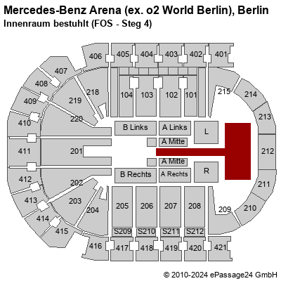 Saalplan Mercedes-Benz Arena (ex. o2 World Berlin), Berlin, Deutschland, Innenraum bestuhlt (FOS - Steg 4)