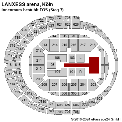 Saalplan LANXESS arena, Köln, Deutschland, Innenraum bestuhlt FOS (Steg 3)