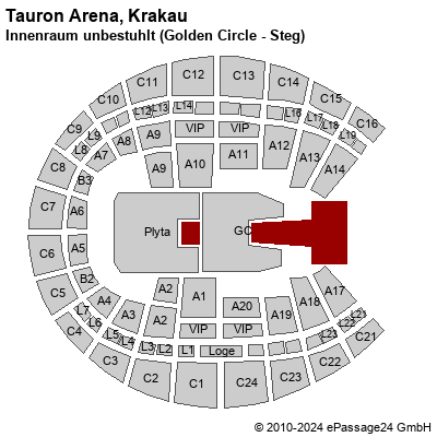 Saalplan Tauron Arena, Krakau, Polen, Innenraum unbestuhlt (Golden Circle - Steg)