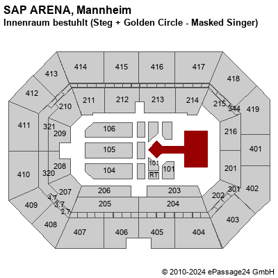 Saalplan SAP ARENA, Mannheim, Deutschland, Innenraum bestuhlt (Steg + Golden Circle - Masked Singer)