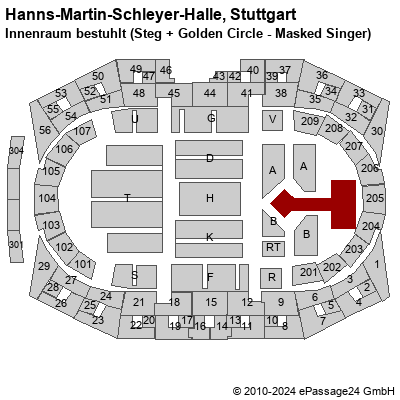 Saalplan Hanns-Martin-Schleyer-Halle, Stuttgart, Deutschland, Innenraum bestuhlt (Steg + Golden Circle - Masked Singer)