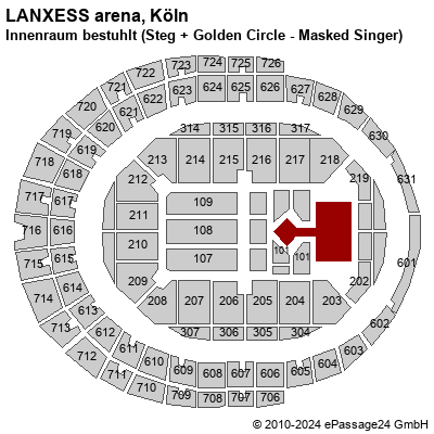 Saalplan LANXESS arena, Köln, Deutschland, Innenraum bestuhlt (Steg + Golden Circle - Masked Singer)