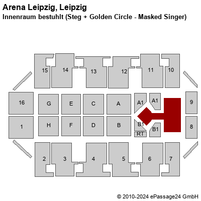 Saalplan Arena Leipzig, Leipzig, Deutschland, Innenraum bestuhlt (Steg + Golden Circle - Masked Singer)
