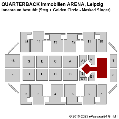 Saalplan Arena Leipzig, Leipzig, Deutschland, Innenraum bestuhlt (Steg + Golden Circle - Masked Singer)