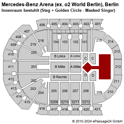 Saalplan Mercedes-Benz Arena (ex. o2 World Berlin), Berlin, Deutschland, Innenraum bestuhlt (Steg + Golden Circle - Masked Singer)