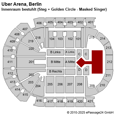 Saalplan Mercedes-Benz Arena (ex. o2 World Berlin), Berlin, Deutschland, Innenraum bestuhlt (Steg + Golden Circle - Masked Singer)