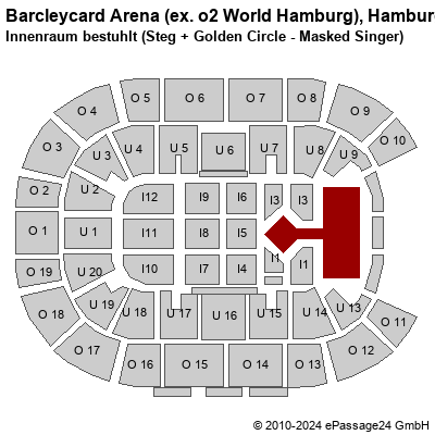 Saalplan Barcleycard Arena (ex. o2 World Hamburg), Hamburg, Deutschland, Innenraum bestuhlt (Steg + Golden Circle - Masked Singer)