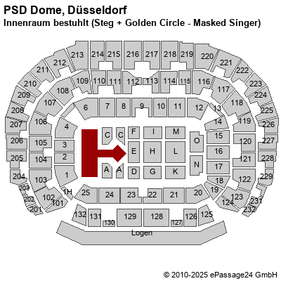 Saalplan ISS Dome, Düsseldorf, Deutschland, Innenraum bestuhlt (Steg + Golden Circle - Masked Singer)