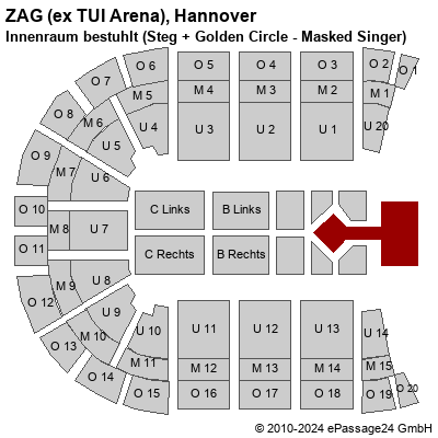 Saalplan ZAG (ex TUI Arena), Hannover, Deutschland, Innenraum bestuhlt (Steg + Golden Circle - Masked Singer)