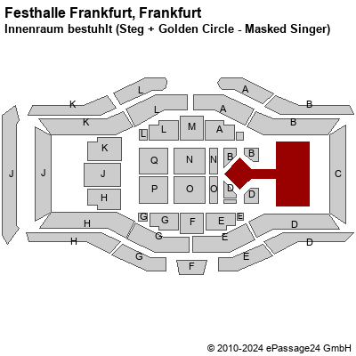 Saalplan Festhalle Frankfurt, Frankfurt, Deutschland, Innenraum bestuhlt (Steg + Golden Circle - Masked Singer)