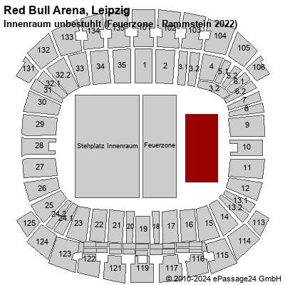 Saalplan Red Bull Arena, Leipzig, Deutschland, Innenraum unbestuhlt (Feuerzone - Rammstein 2022)