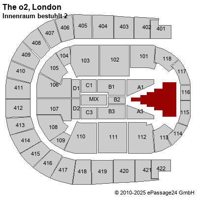 Saalplan The o2, London, Großbritannien, Innenraum bestuhlt 2