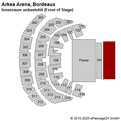Saalplan Arkea Arena, Bordeaux, Frankreich, Innenraum unbestuhlt (Front of Stage)