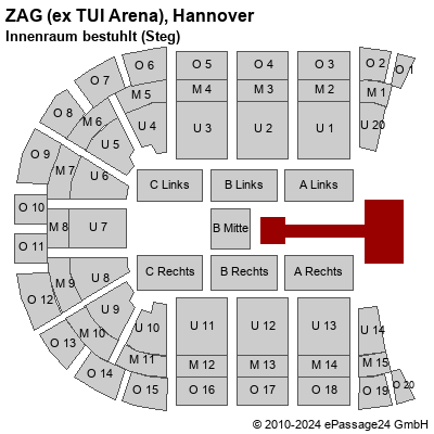Saalplan ZAG (ex TUI Arena), Hannover, Deutschland, Innenraum bestuhlt (Steg)
