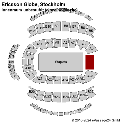 Saalplan Ericsson Globe, Stockholm, Schweden, Innenraum unbestuhlt (einzelne Blöcke)