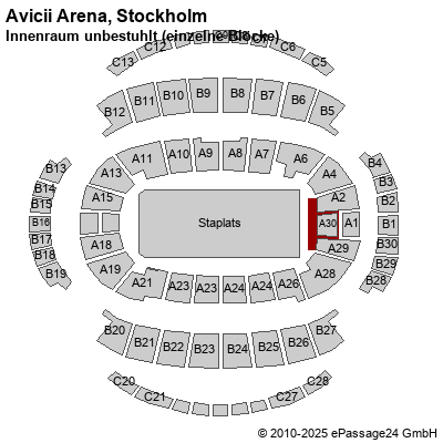 Saalplan Ericsson Globe, Stockholm, Schweden, Innenraum unbestuhlt (einzelne Blöcke)