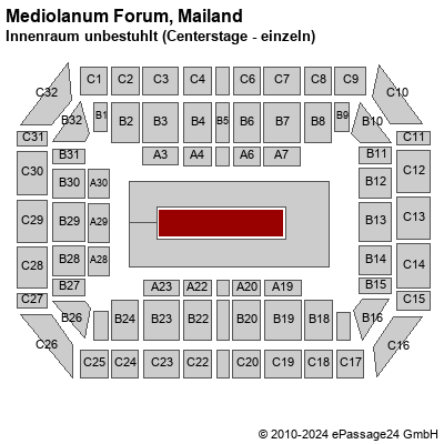 Saalplan Mediolanum Forum, Mailand, Italien, Innenraum unbestuhlt (Centerstage - einzeln)