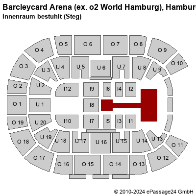 Saalplan Barcleycard Arena (ex. o2 World Hamburg), Hamburg, Deutschland, Innenraum bestuhlt (Steg)
