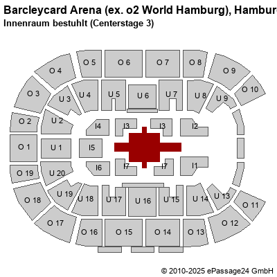 Saalplan Barcleycard Arena (ex. o2 World Hamburg), Hamburg, Deutschland, Innenraum bestuhlt (Centerstage 3)