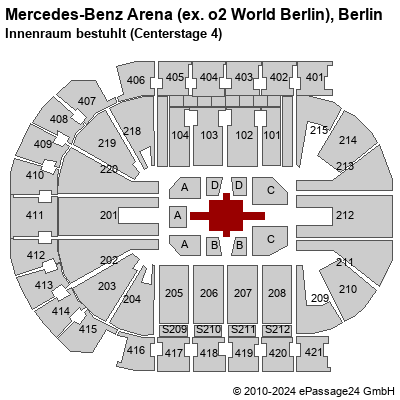 Saalplan Mercedes-Benz Arena (ex. o2 World Berlin), Berlin, Deutschland, Innenraum bestuhlt (Centerstage 4)