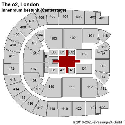 Saalplan The o2, London, Großbritannien, Innenraum bestuhlt (Centerstage)