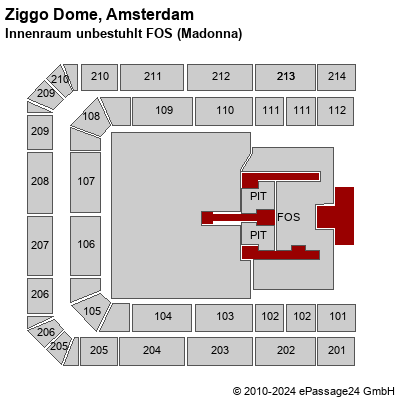 Saalplan Ziggo Dome, Amsterdam, Niederlande, Innenraum unbestuhlt FOS (Madonna)