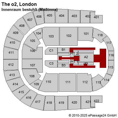 Saalplan The o2, London, Großbritannien, Innenraum bestuhlt (Madonna)