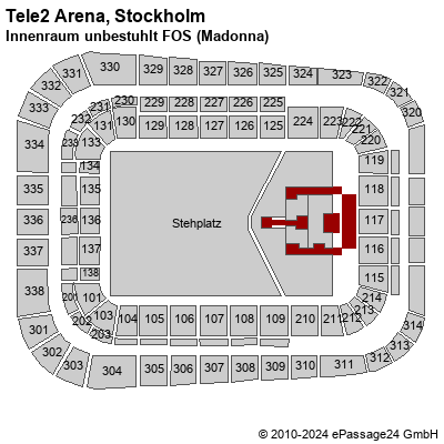 Saalplan Tele2 Arena, Stockholm, Schweden, Innenraum unbestuhlt FOS (Madonna)