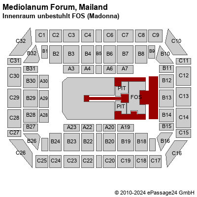 Saalplan Mediolanum Forum, Mailand, Italien, Innenraum unbestuhlt FOS (Madonna)