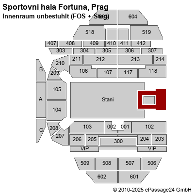 Saalplan Tipsport Arena, Prag, Tschechien , Innenraum unbestuhlt (FOS + Steg)