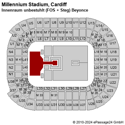 Saalplan Millennium Stadium, Cardiff, Großbritannien, Innenraum unbestuhlt (FOS + Steg) Beyonce
