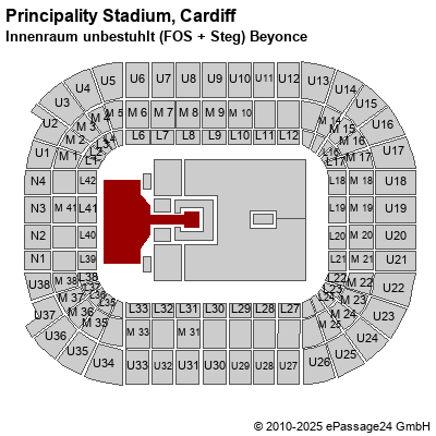 Saalplan Principality Stadium, Cardiff, Großbritannien, Innenraum unbestuhlt (FOS + Steg) Beyonce