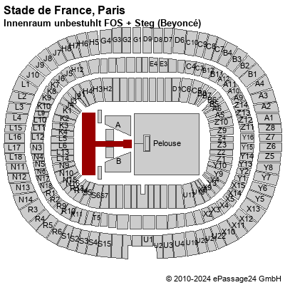 Saalplan Stade de France, Paris, Frankreich, Innenraum unbestuhlt FOS + Steg (Beyoncé)